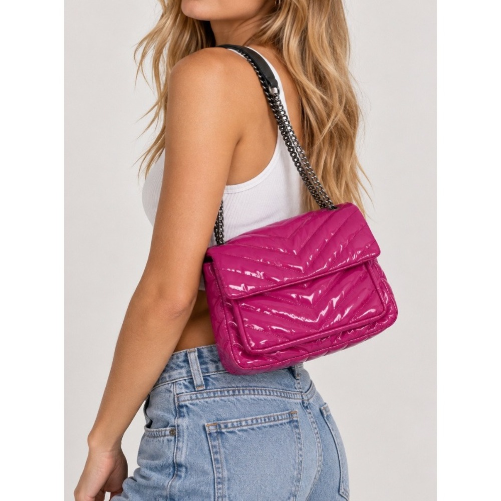 NEW Think Royln Pink Quilted Puffer Crossbody Purse Bar Bag Hot Pink Patent